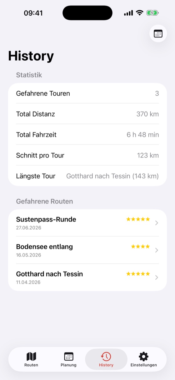History mit Statistik über drei gefahrene Touren, 370 Kilometer, 6 Stunden 48 Minuten und den bewerteten Fahrten