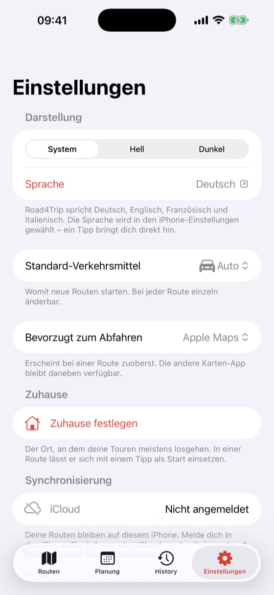 Einstellungen mit Darstellung, Sprache, Standard-Verkehrsmittel, bevorzugter Karten-App, Zuhause und dem Bereich Synchronisierung