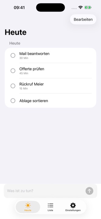 Die Ansicht «Heute» im Modus «Einfache Liste», ohne Budgetleiste